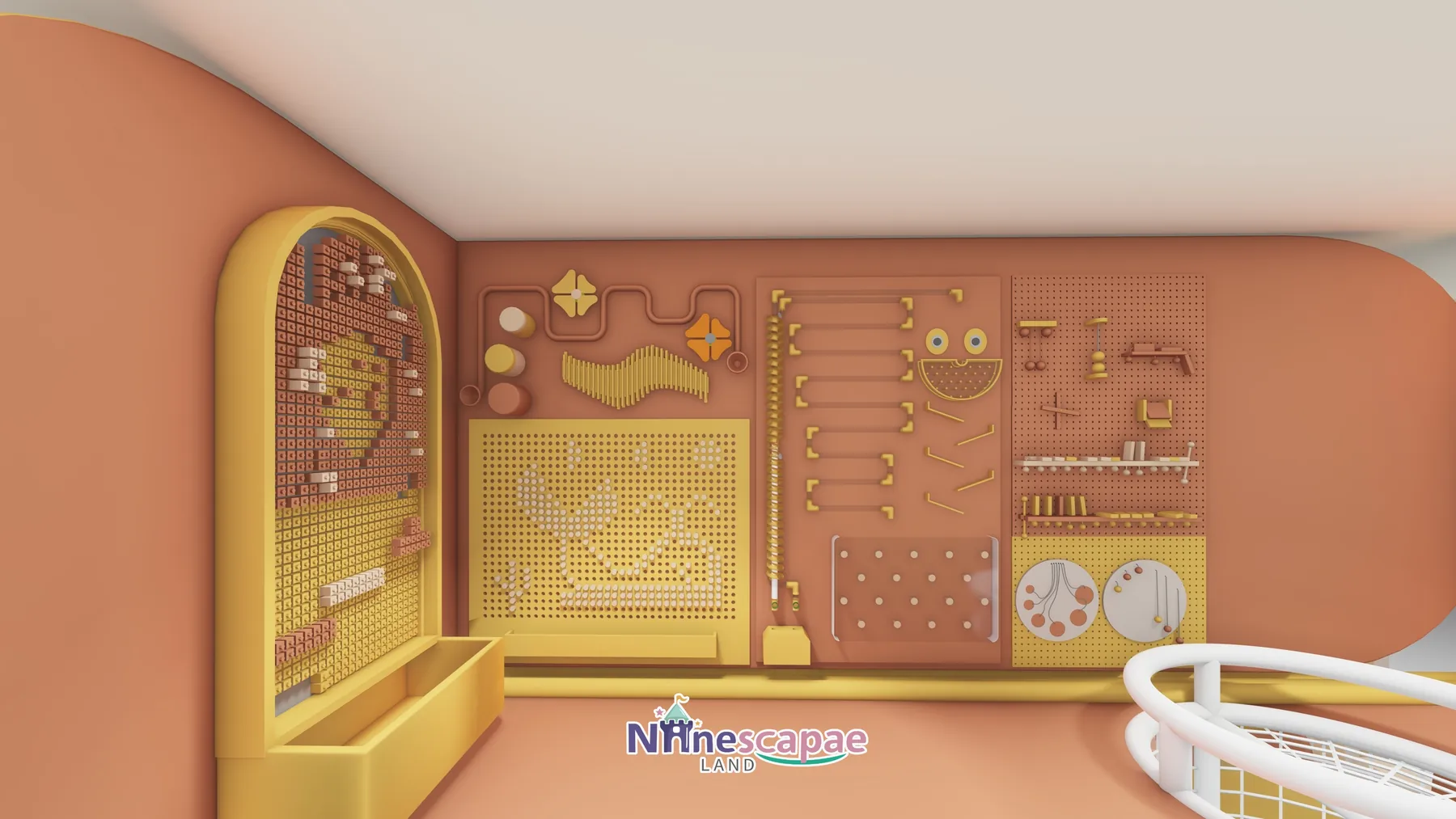 Malta 74sqm indoor playground - Wall game panels - gears, maze and peg board