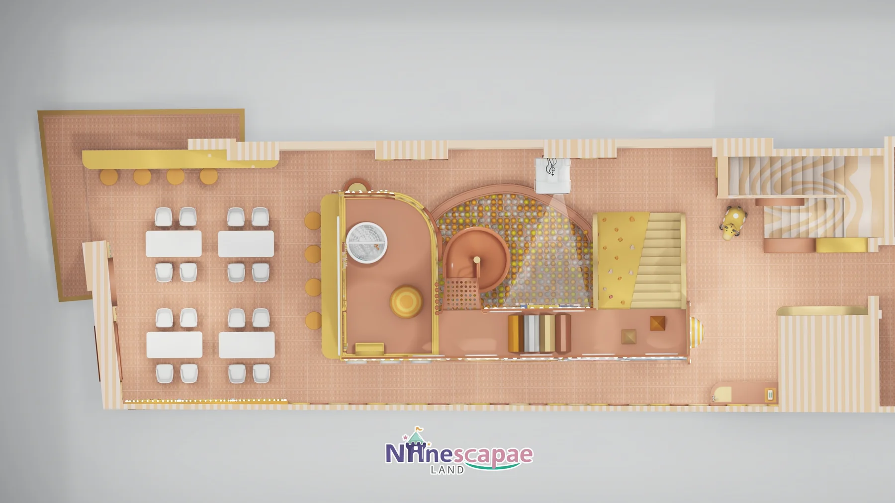 Malta 74sqm indoor playground - colour floor plan showing zoning and circulation
