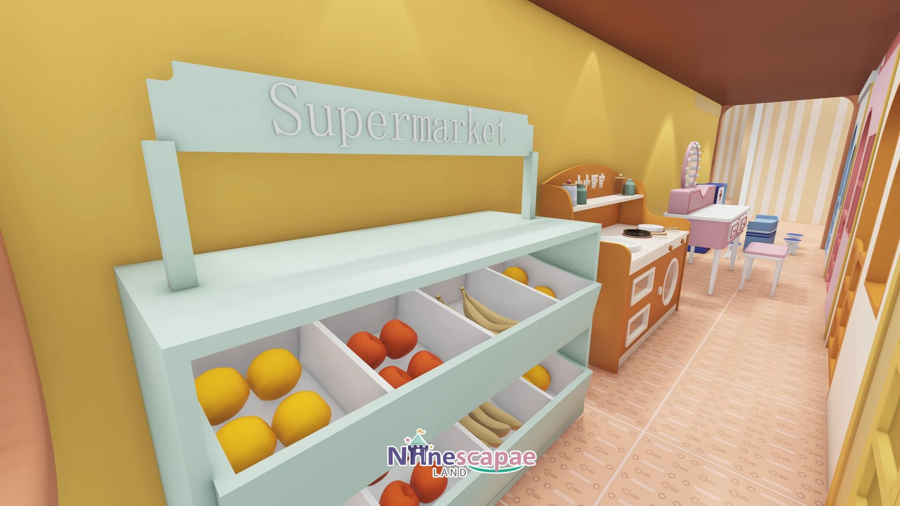 Malta 74sqm indoor playground - Supermarket shelves and kids kitchen counter