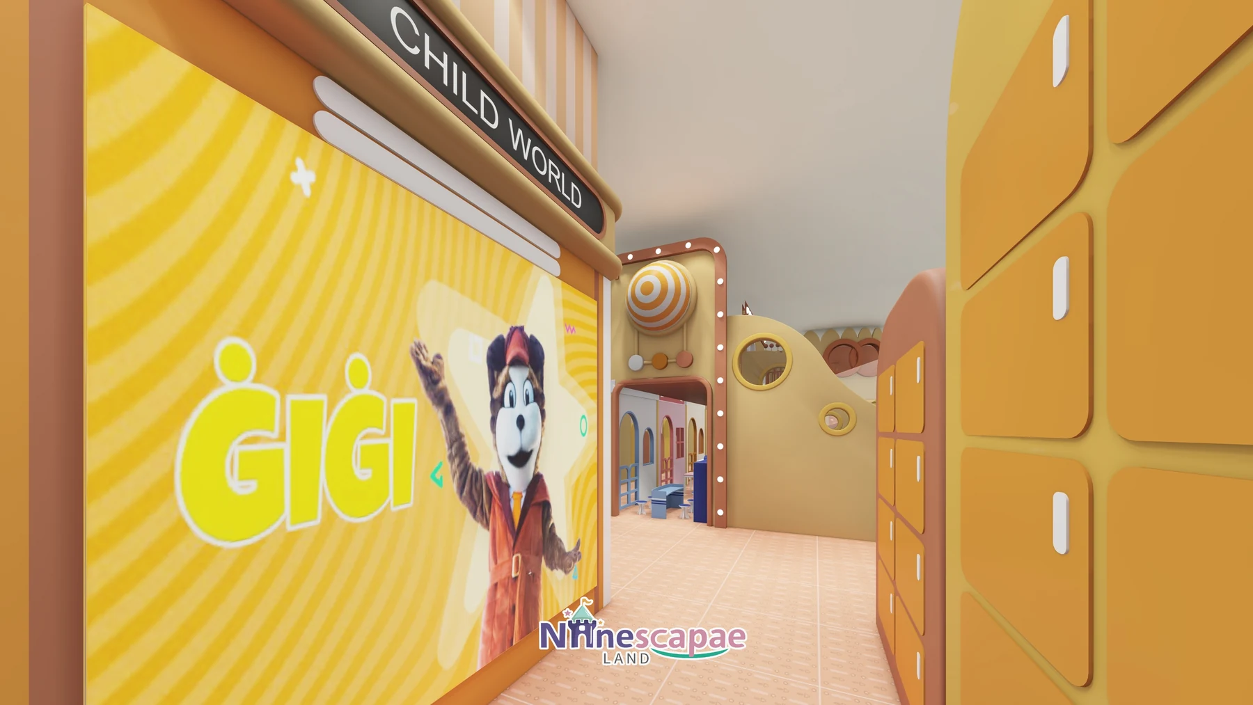 Malta 74sqm indoor playground - Entrance corridor with lightbox wall and lockers