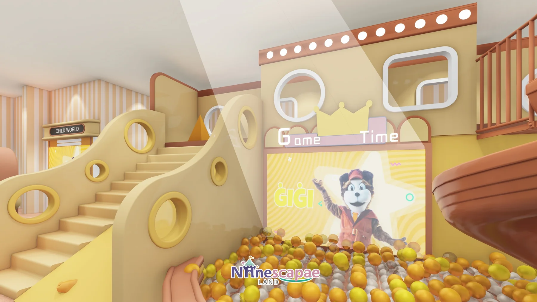 Malta 74sqm indoor playground - Ball pool close-up with steps and climbing wall