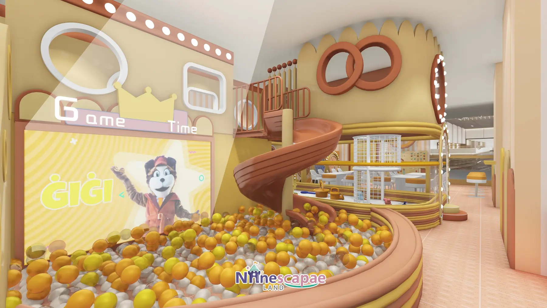 Malta 74sqm playground - terracotta spiral slide into three-colour ball pool