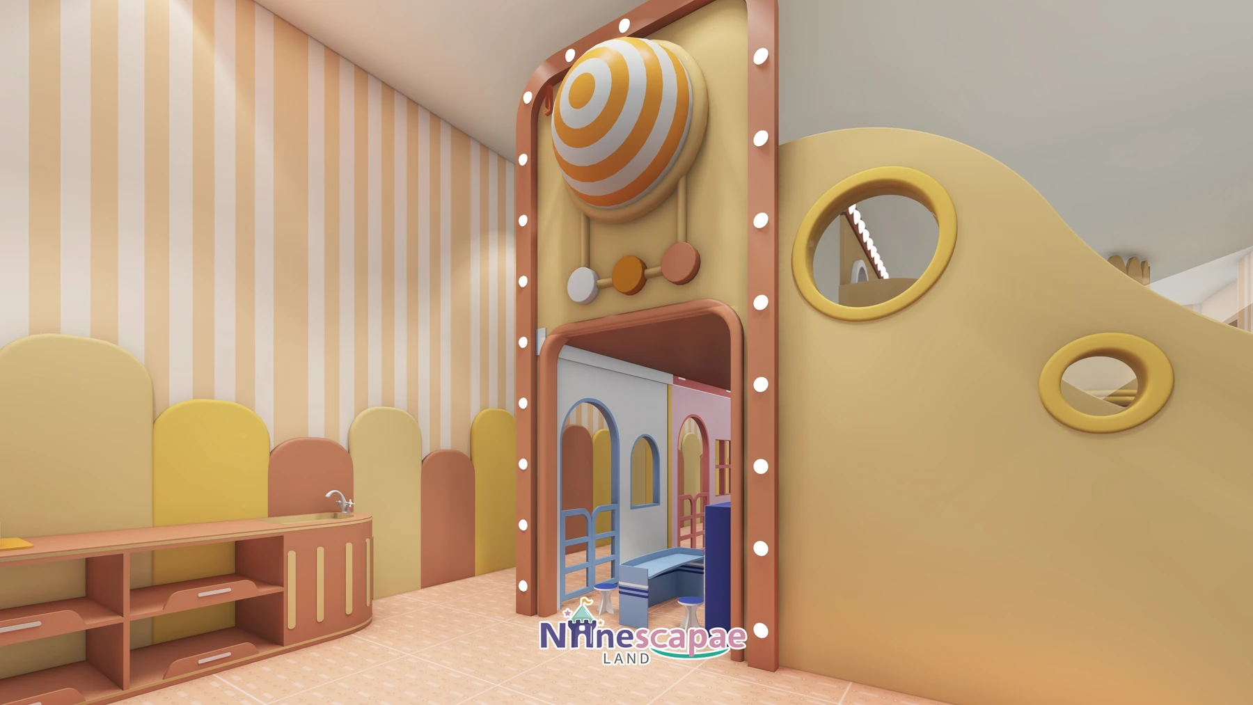 Malta 74sqm indoor playground - Bulb-lit arch and candy-striped columns