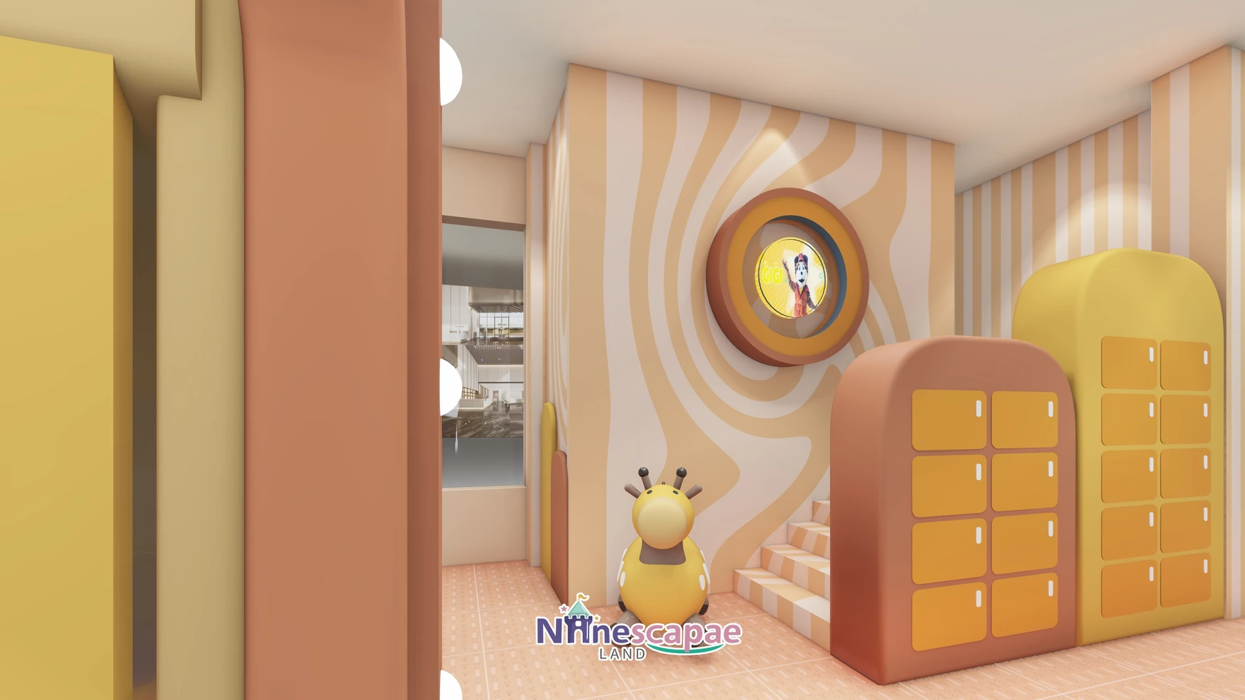 Malta 74sqm indoor playground - Corridor with clock wall decoration and rocking toy