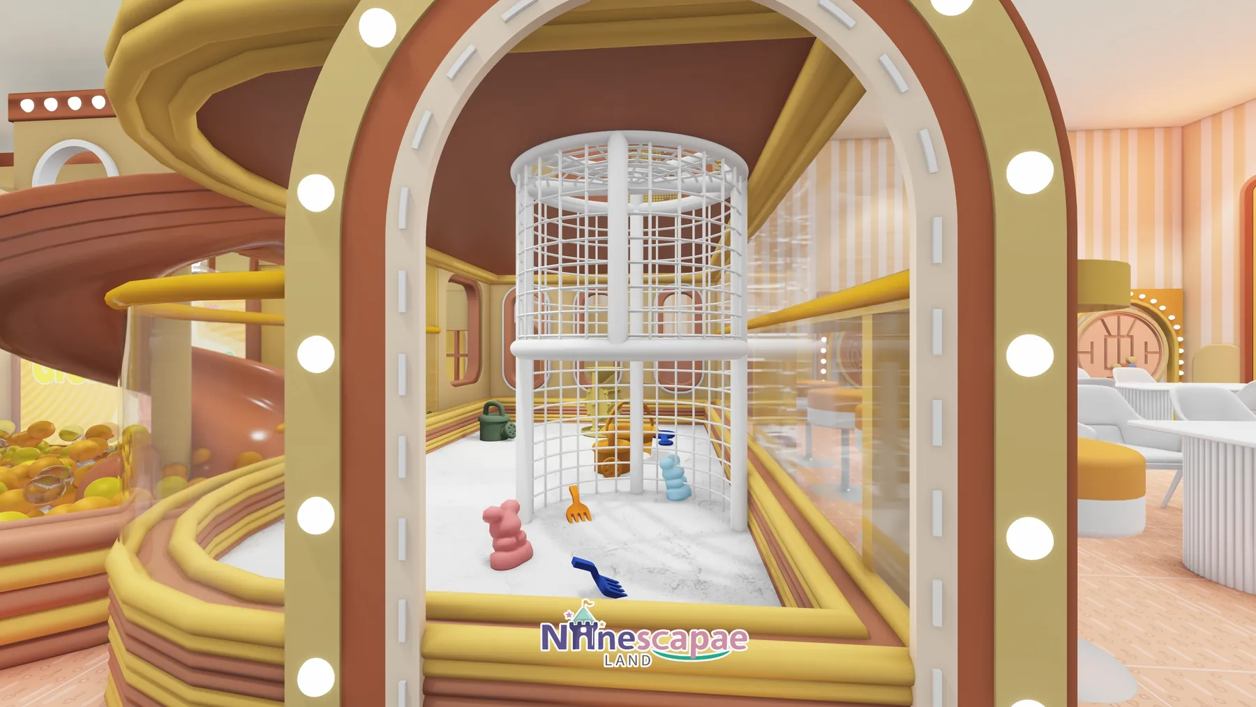 Malta 74sqm indoor playground - Toddler room entrance with net climbing cage