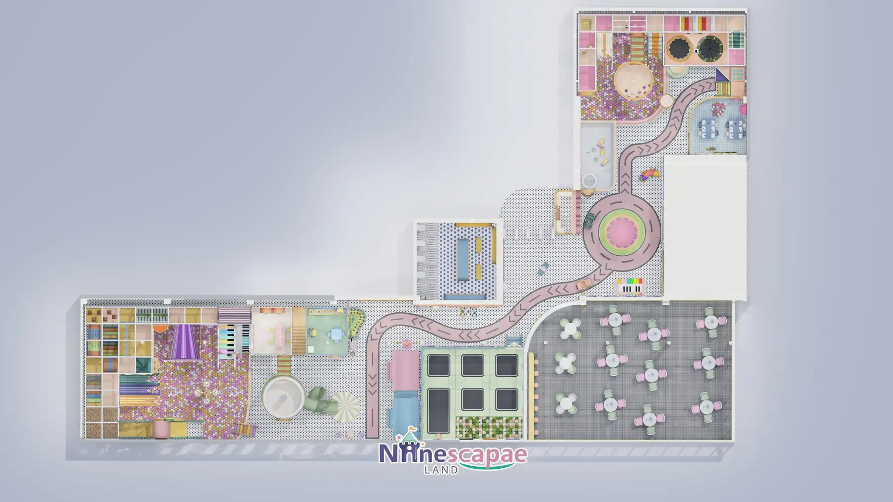 790㎡ Indoor Playground Project in Moldova indoor playground Moldova 13 Moldova 790sqm indoor playground - top view floor plan showing the L-shaped zoning