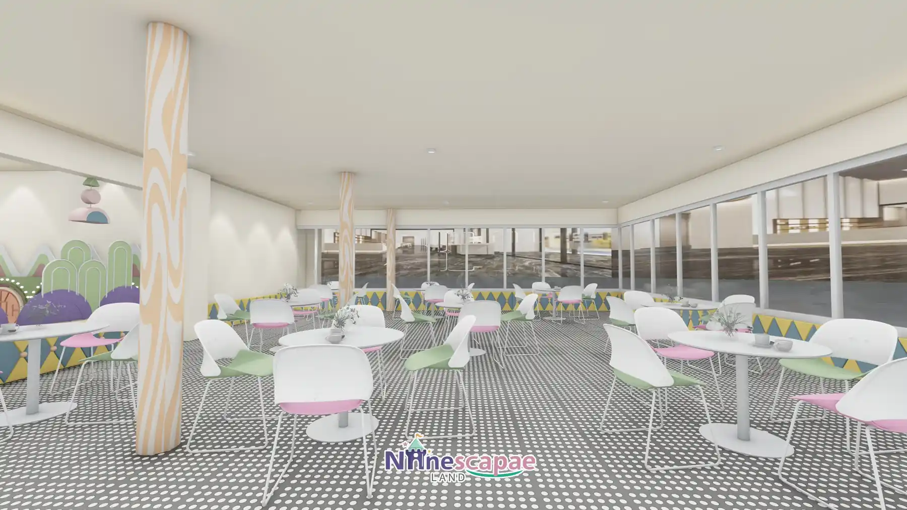790㎡ Indoor Playground Project in Moldova indoor playground Moldova 9 Moldova - Parents’ seating area with white tables and pink-green chairs