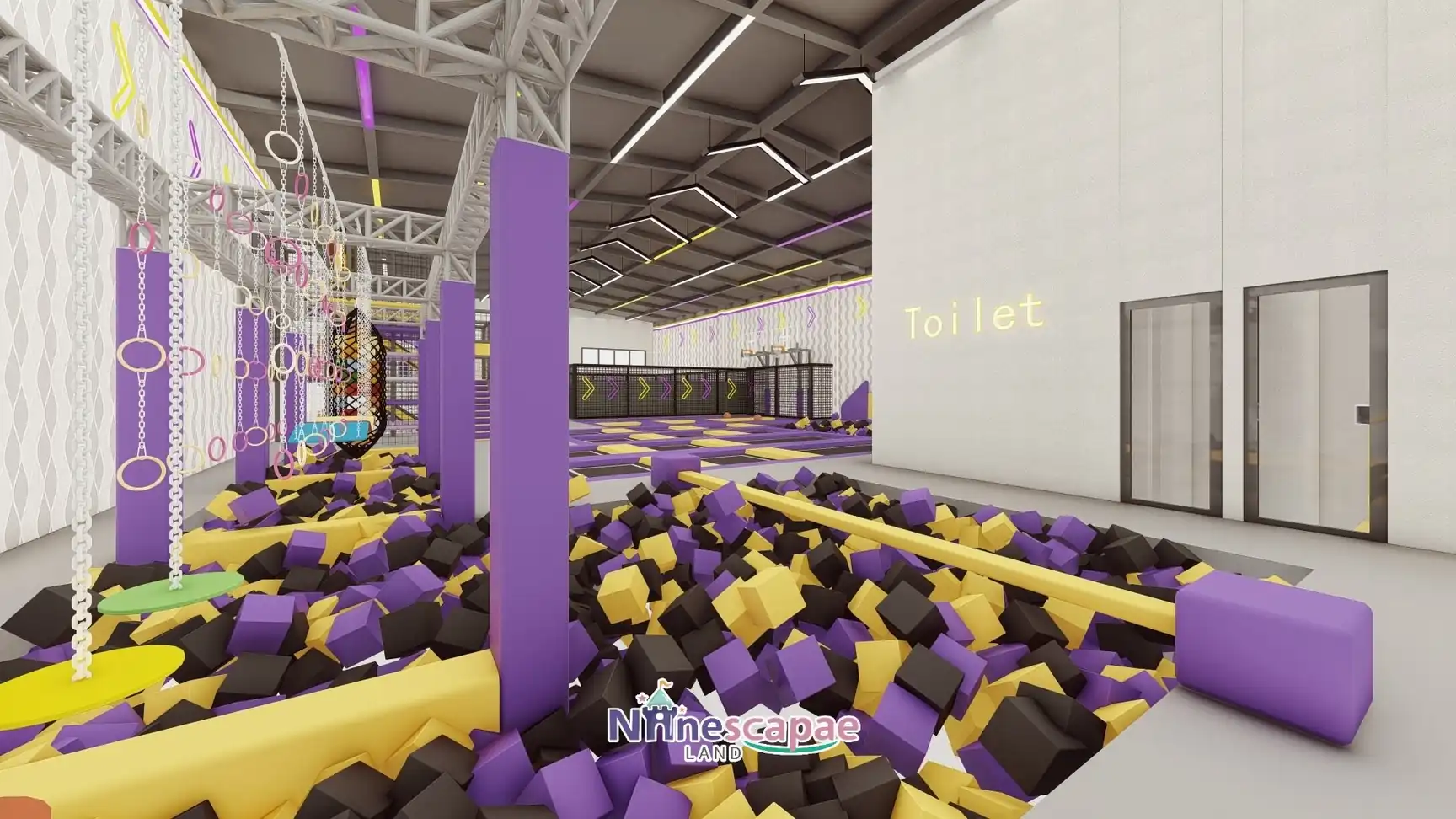 3D design of an 800 m² trampoline hall in Portugal with a large foam pit