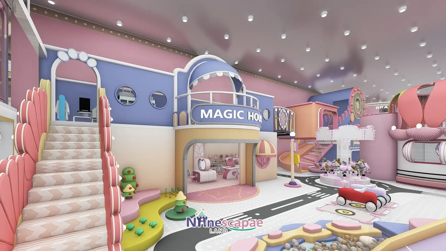 800㎡ Indoor Playground Project in Chile indoor playground Chile 14 Chile 800sqm playground - hall panorama with MAGIC HOUSE, carousel and road