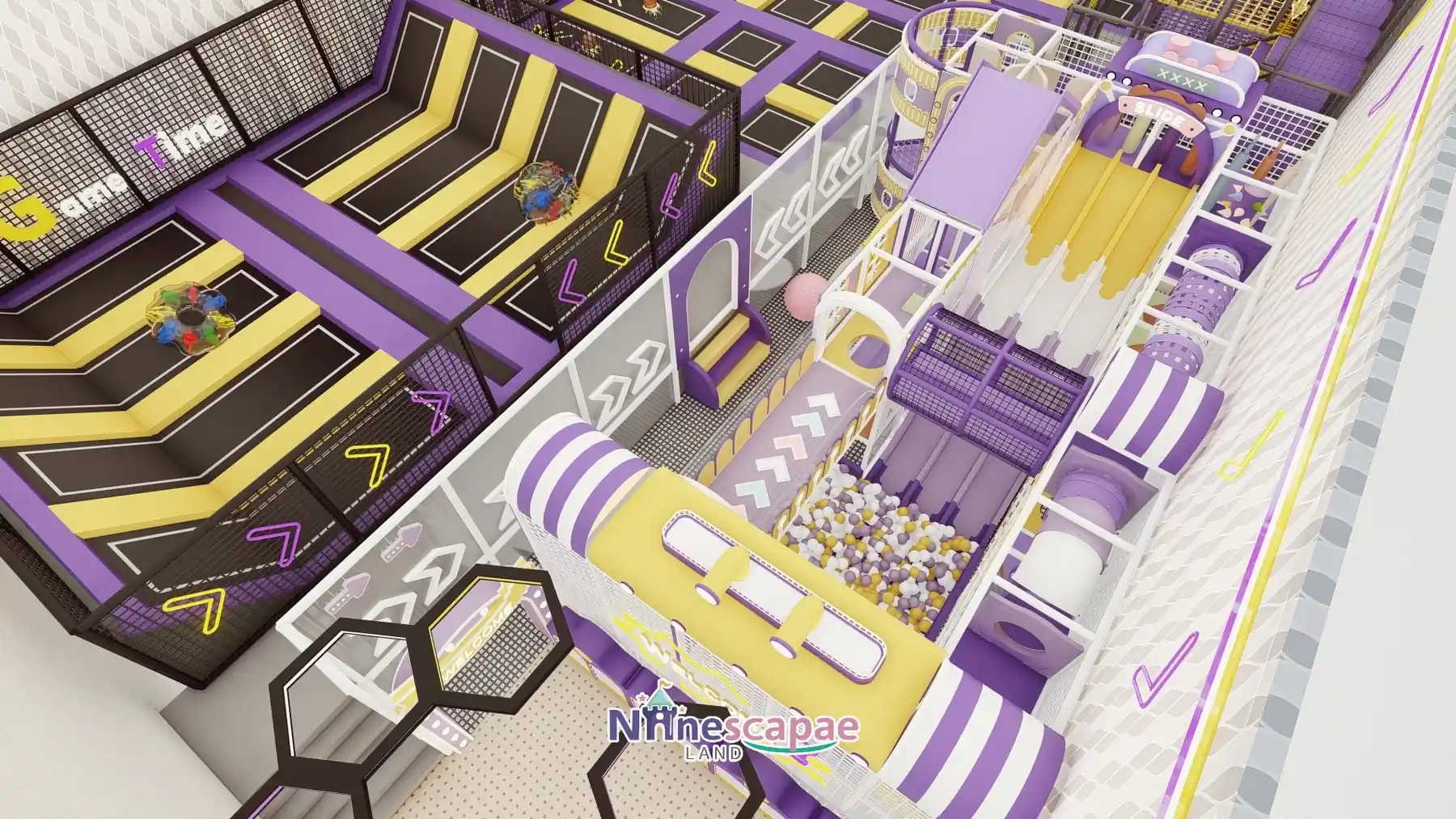 800㎡ Indoor Adventure Park in Portugal adventure park Portugal 14 Portugal 800sqm adventure park - castle structure and trampoline zone, aerial view