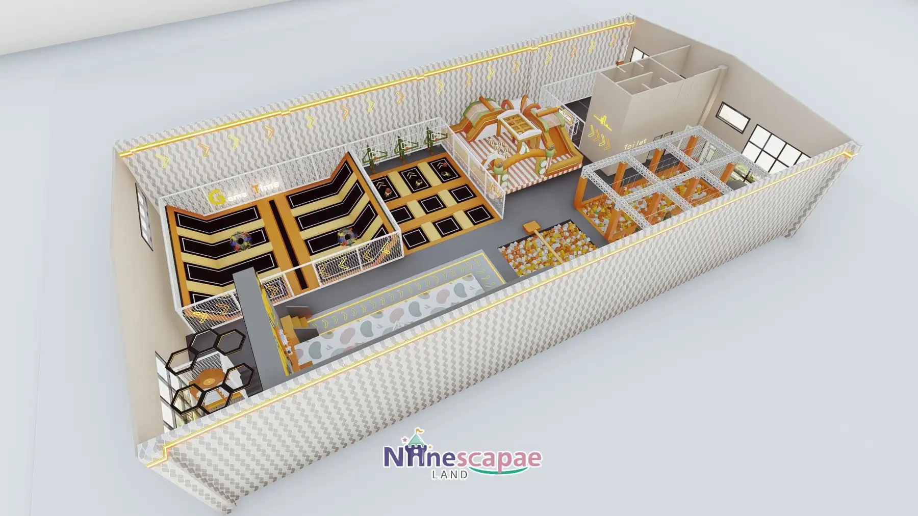 Portugal 800sqm indoor sports arena - axonometric view of trampoline court, football pitch and gear wall