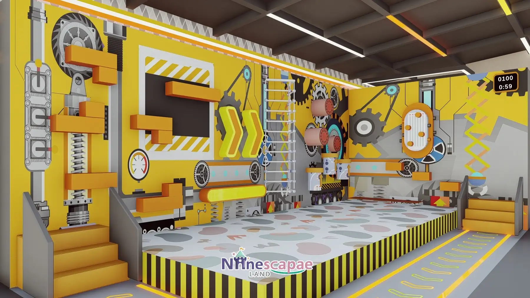 Portugal - Raised platform with timer screen in front of the gear wall