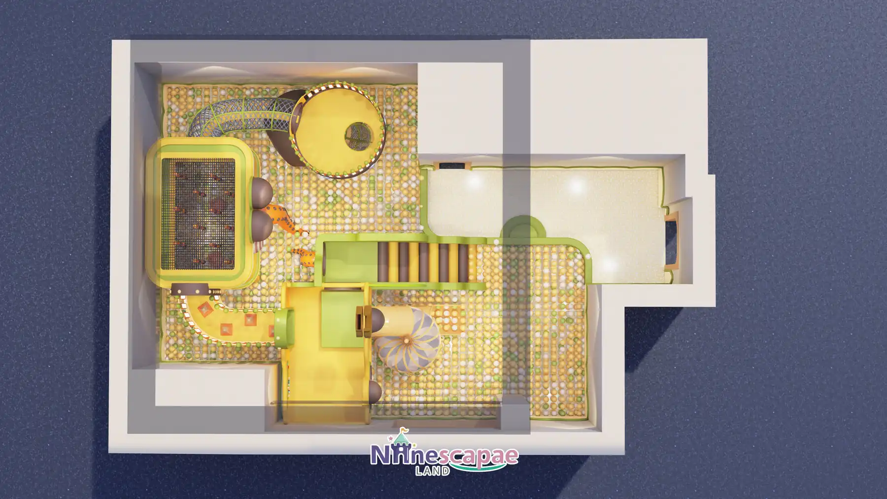 Shenyang 99sqm soft play - top-view floor plan with the ball pool, slide tower and upper deck