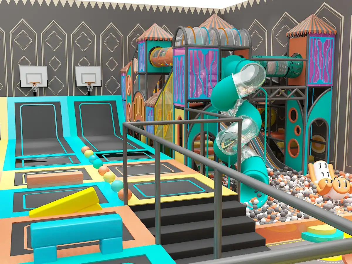 3D design render of full family entertainment center with trampoline park and soft play for Brazil client